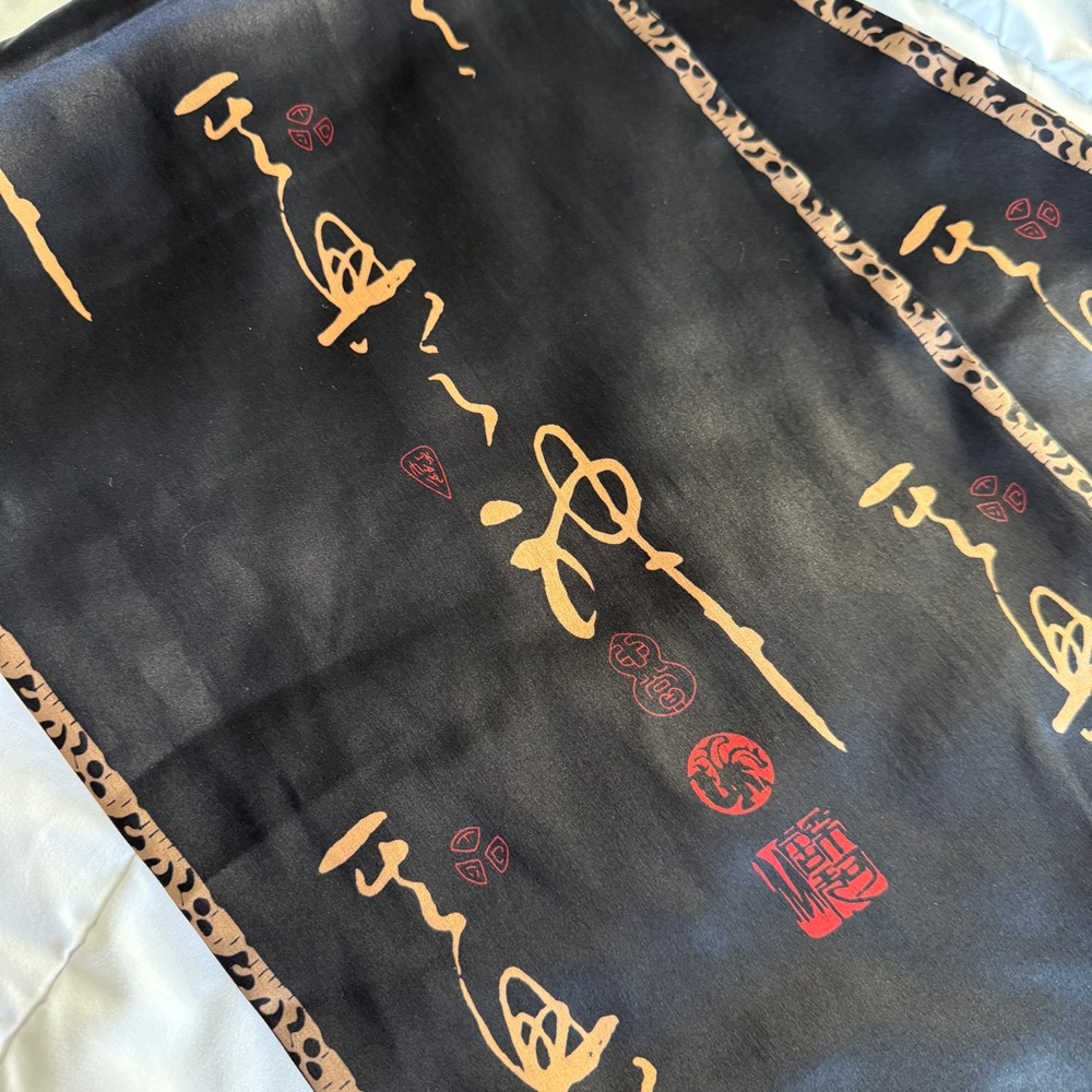 Vintage Black Satin Asian-Inspired Calligraphy Scarf with Fringe - Picture 3 of 5